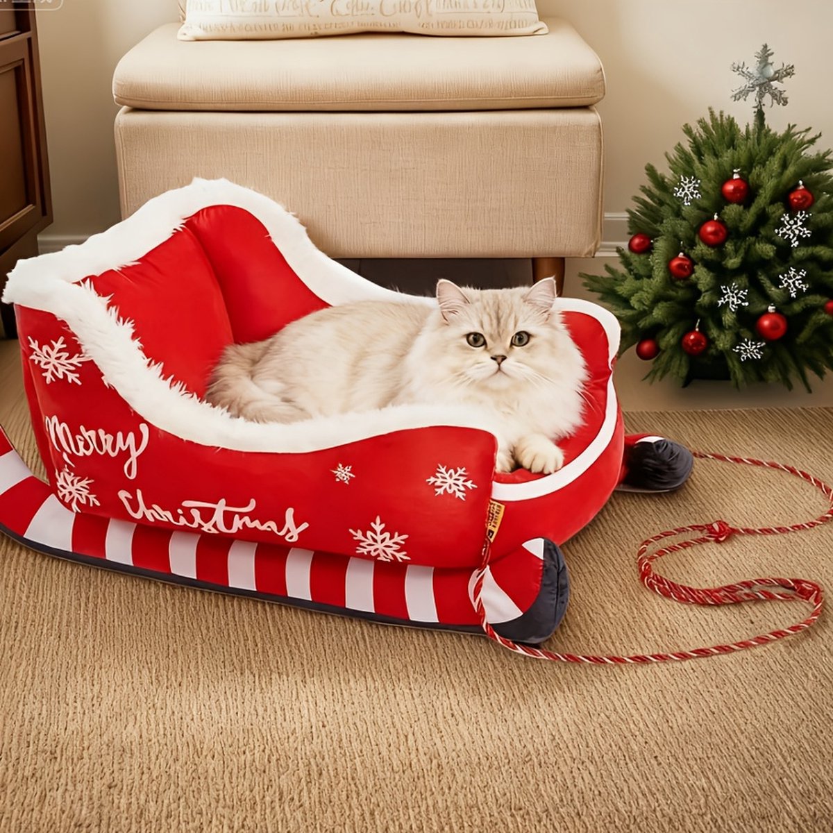 Kerstmis Pluche Slee Hondenbed - Rood en Wit met Sneeuwvlokken - Comfortabel Honden- en Kattenbed Gemaakt van Polypropyleenstof voor Kleine tot Grote Rassen - Feestelijk Ontwerp - Huisdierdecoratie voor de Feestdagen -S