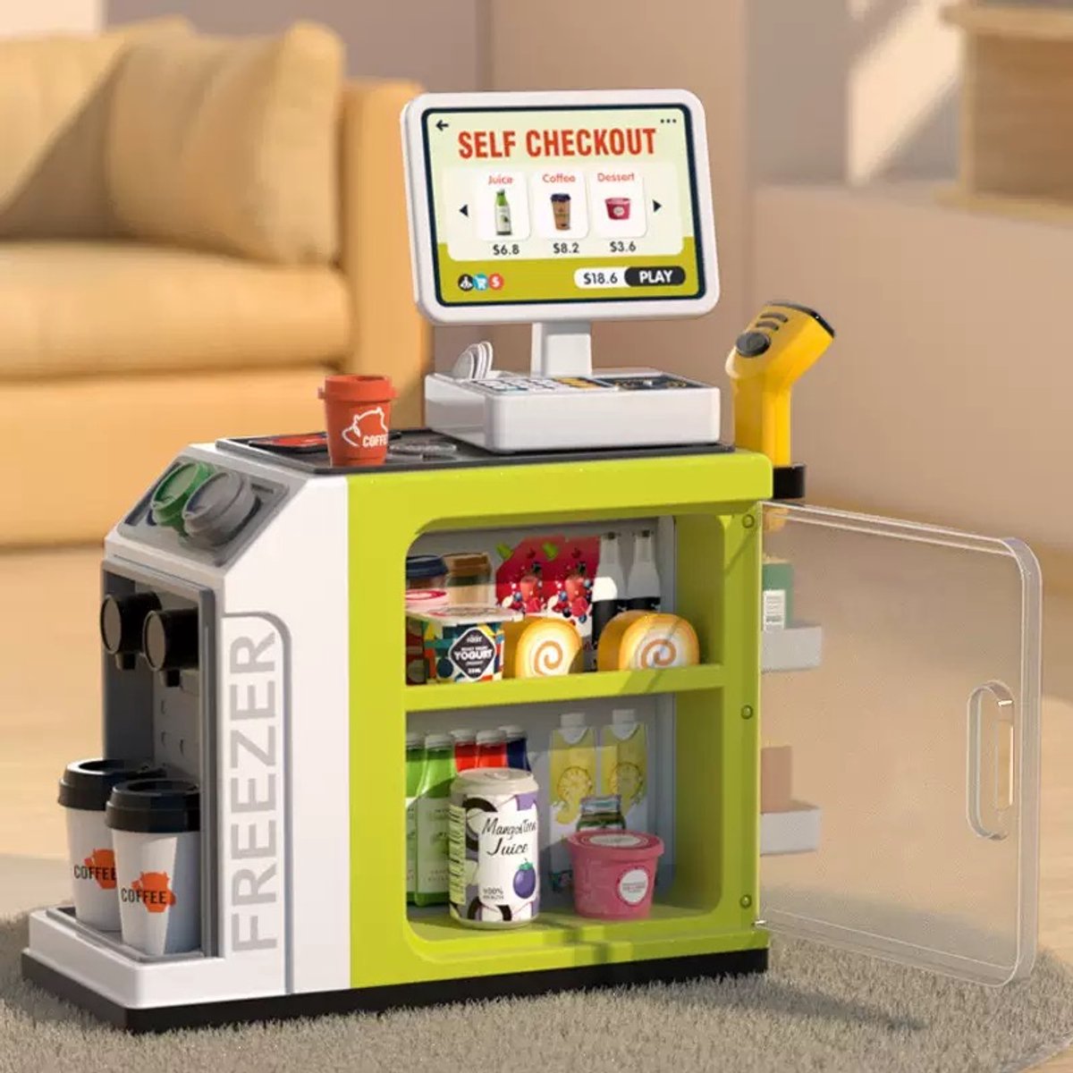 OODBLUE Supermarkt Speelgoed Kassa – Interactieve Speelset met Scanner, Licht & Geluid – Inclusief Speelgeld & 46 Accessoires — afbeelding 3
