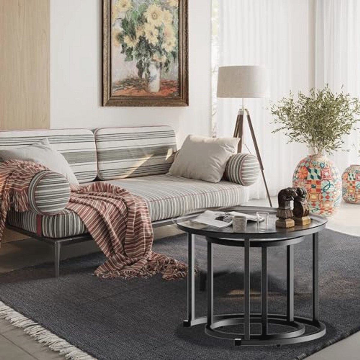 Set van 2 Ronde Salontafels met Metalen Frame - Ruimtebesparende Bijzettafels voor Woonkamer en Slaapkamer