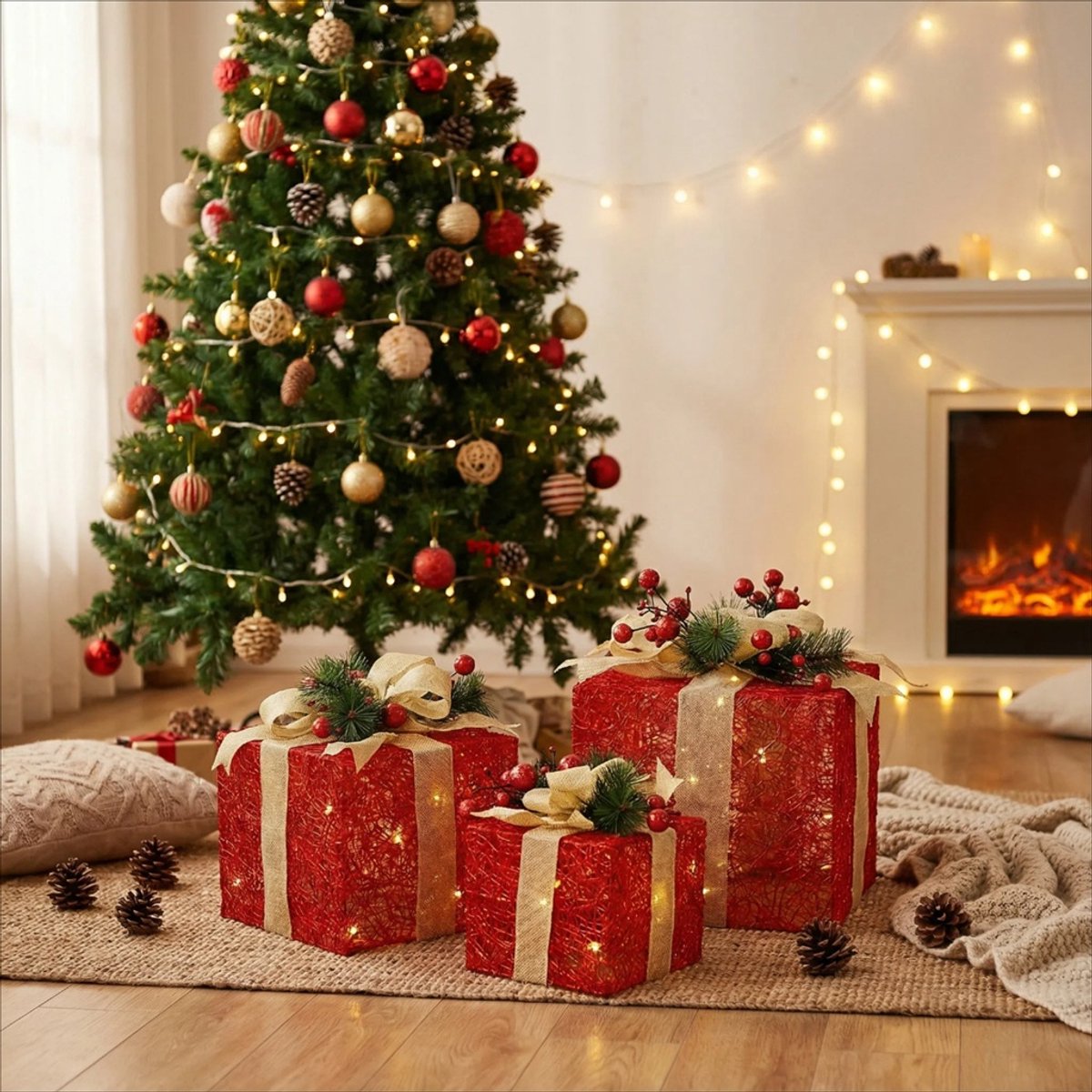 Set van 3 verlichte geschenkdozen - LED kerst geschenkdozen met elandpatroon - Kerstverlichting figuur - Kerstdecoratie - Warm wit licht – Set van 3 (rood) – 12x12x16 cm, 15x15x20 cm, 20x20x25 cm – Onder de kerstboom – Met strik en kerstdecoratie