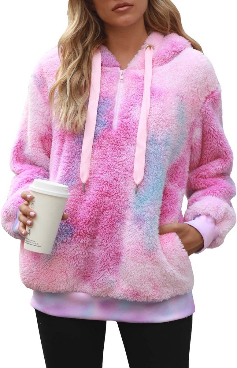 Oversized Sherpa Pullover Hoodie met Zakken in Tie Dye Patroon - Fuzzy Fleece Trui voor Dames