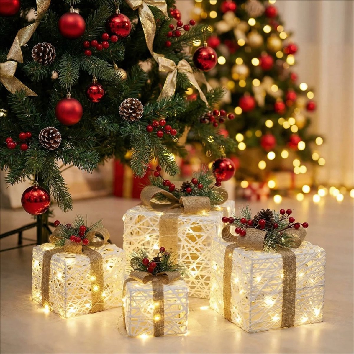 Set van 4 verlichte geschenkdozen - LED Kerstverlichting figuur - Kerstcadeau Decoratiebox – LED kerst geschenkdozen met elandpatroon - Warm wit licht – Onder de kerstboom – Met strik en kerstdecoratie