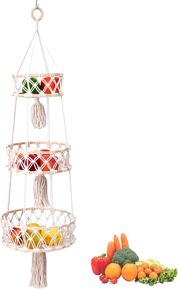 Hanging Basket - Boho Fruit - Macrame Braided - 3 Levels - Voor Keuken - Woonkamer - Badkamer