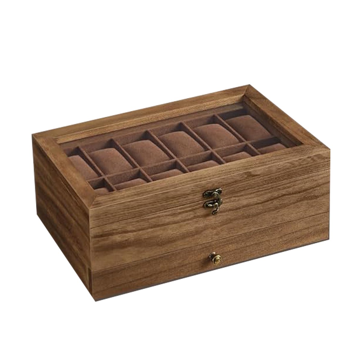 Dubbele horlogebox, 12-vaks horlogedisplaybox 19×34×12,5 cm houtkleur, met groot glazen deksel, horlogekussentjes en fluwelen voering, geschikt voor het opbergen en tentoonstellen van horloges en sieraden.