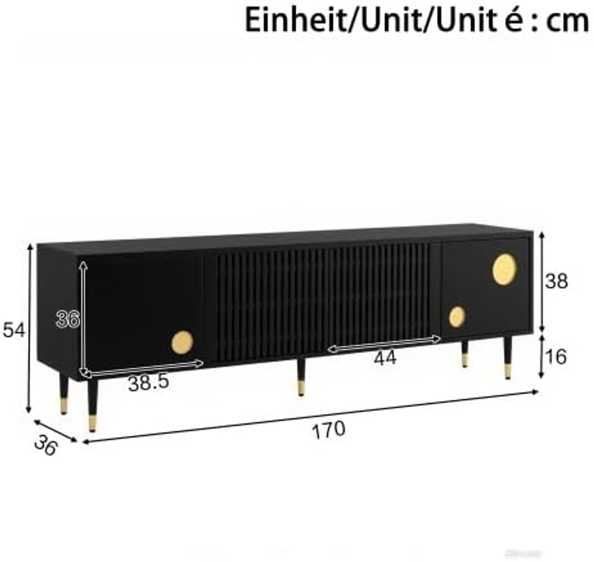 Modern Zwarte TV-meubel met Laden en Opbergruimte – Elegante Woonkamer en Eetkamer Televisietafel, 170 x 36 x 54 cm, Stijlvol Design met Gouden Accenten – Altameubel