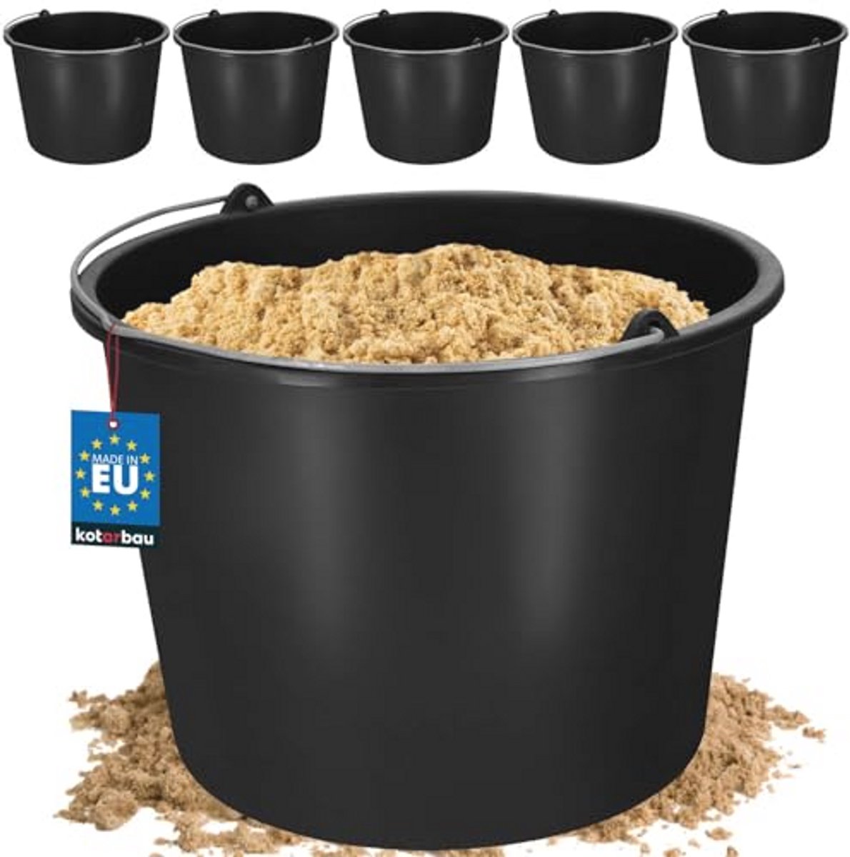 Set van 5 bouwemmers 12L | Perfect voor gips, mortel, cement en water | Kunststof, zwart