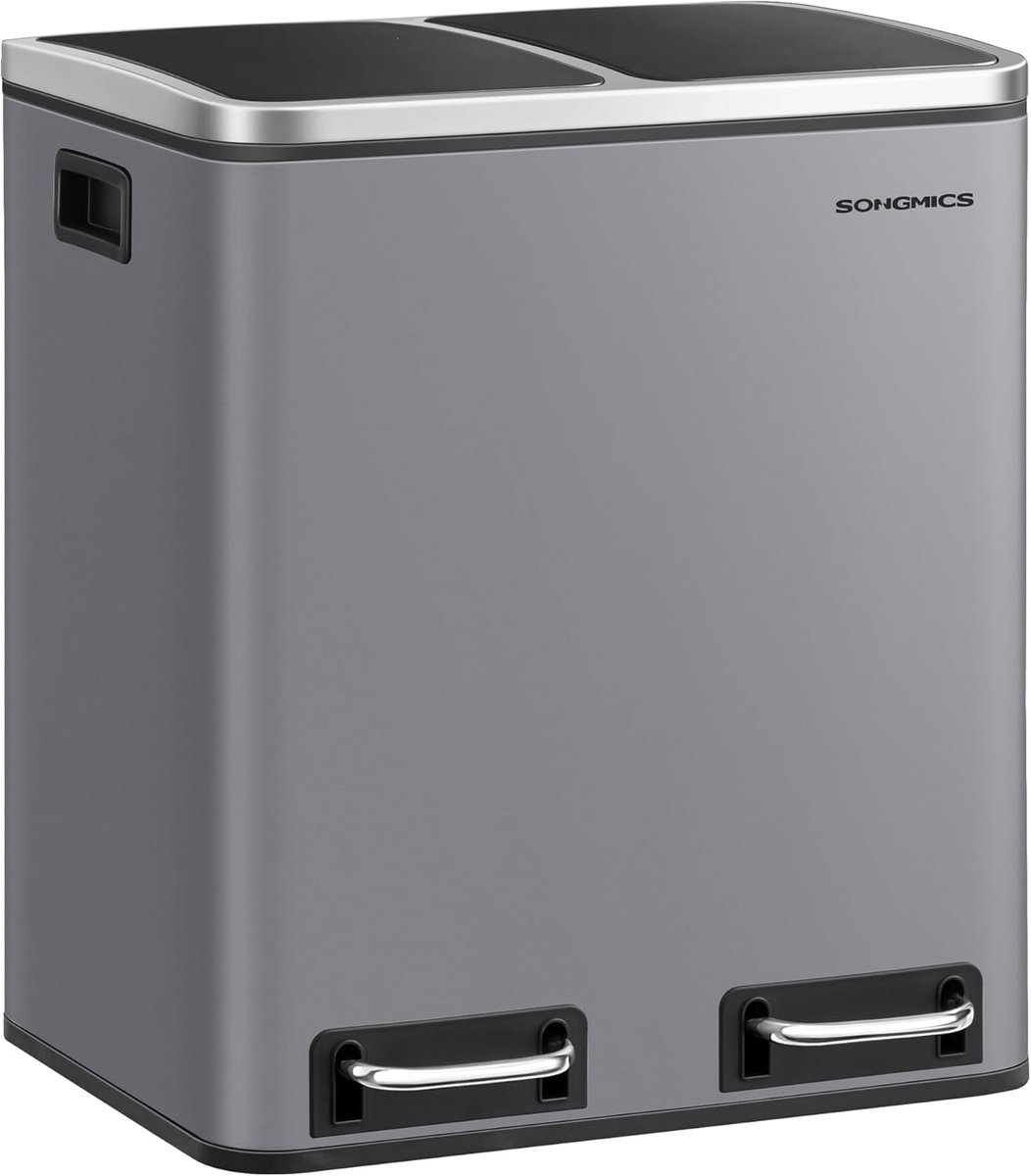 SONGMICS - pedaalemmer met 2 compartimenten - keukenprullenbak - 2 x 15 Liter - afvalscheidingssysteem - afvalbak / prullenbak - soft-close deksel - grijs