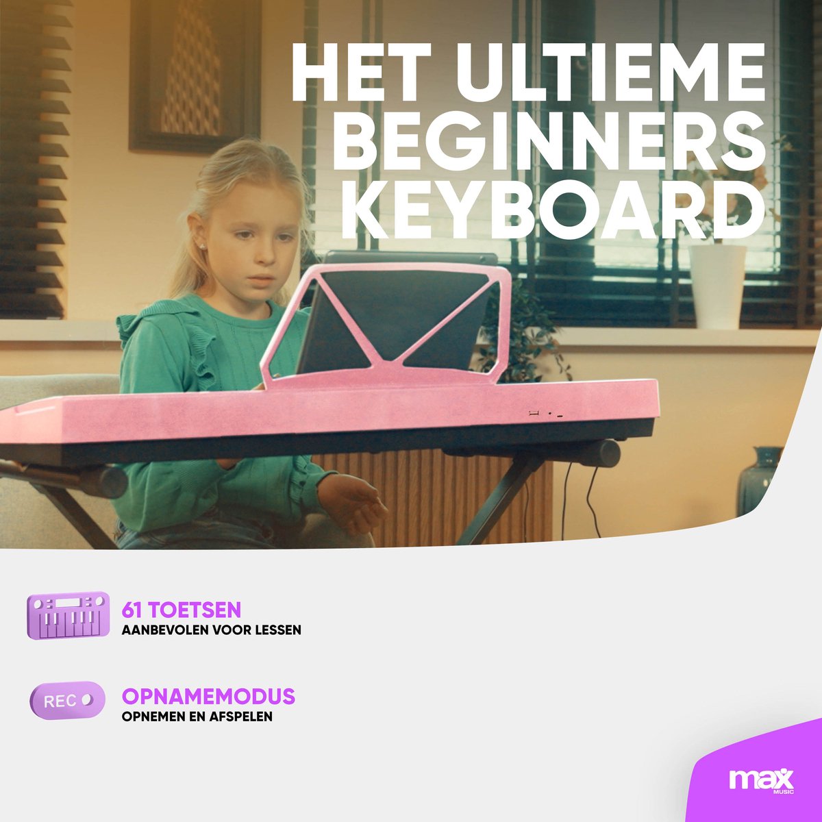 Keyboard piano kinderen - MAX KD61P - Keyboard met 61 toetsen - Keyboardstandaard en oplaadbare accu - Roze thumbnail 2