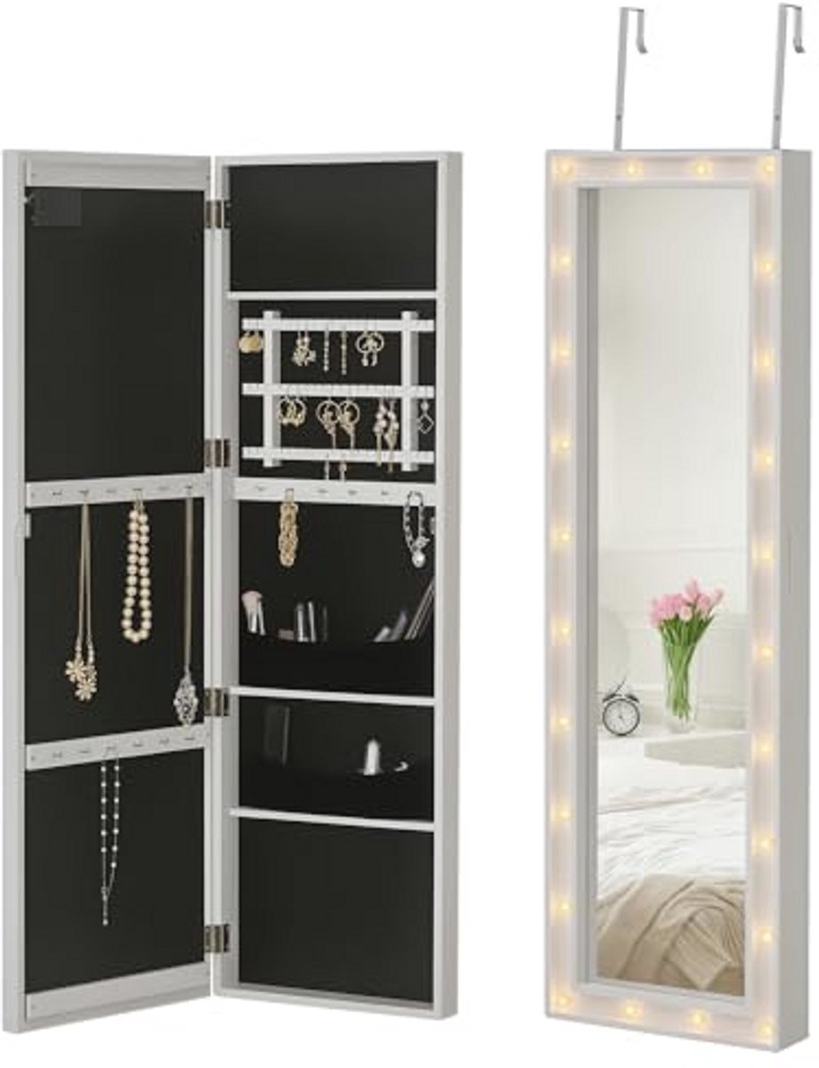 LED Sieradenkast met Spiegel en Verlichting - Op te Hengende 2-in-1 Wandkast voor Schoonheid en Organisatie