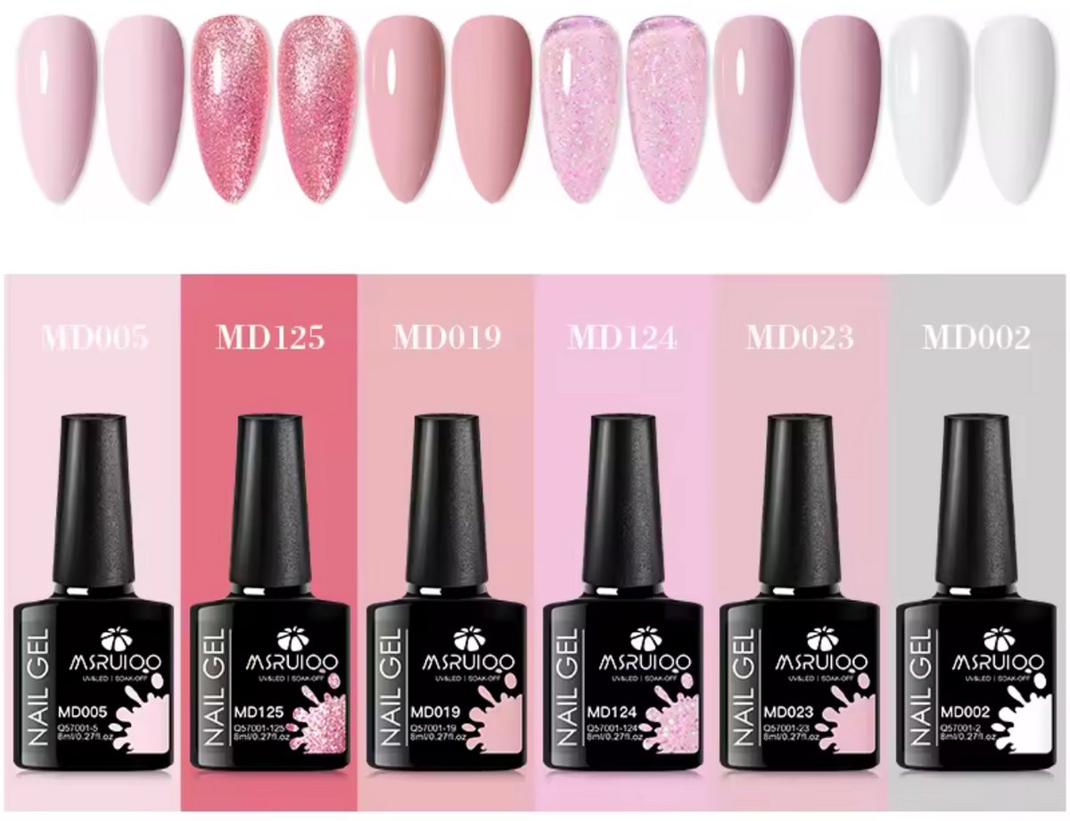 Gel Nagellak Set 6x Roze Tinten – UV/LED Kleur Gellak (6 Flessen)