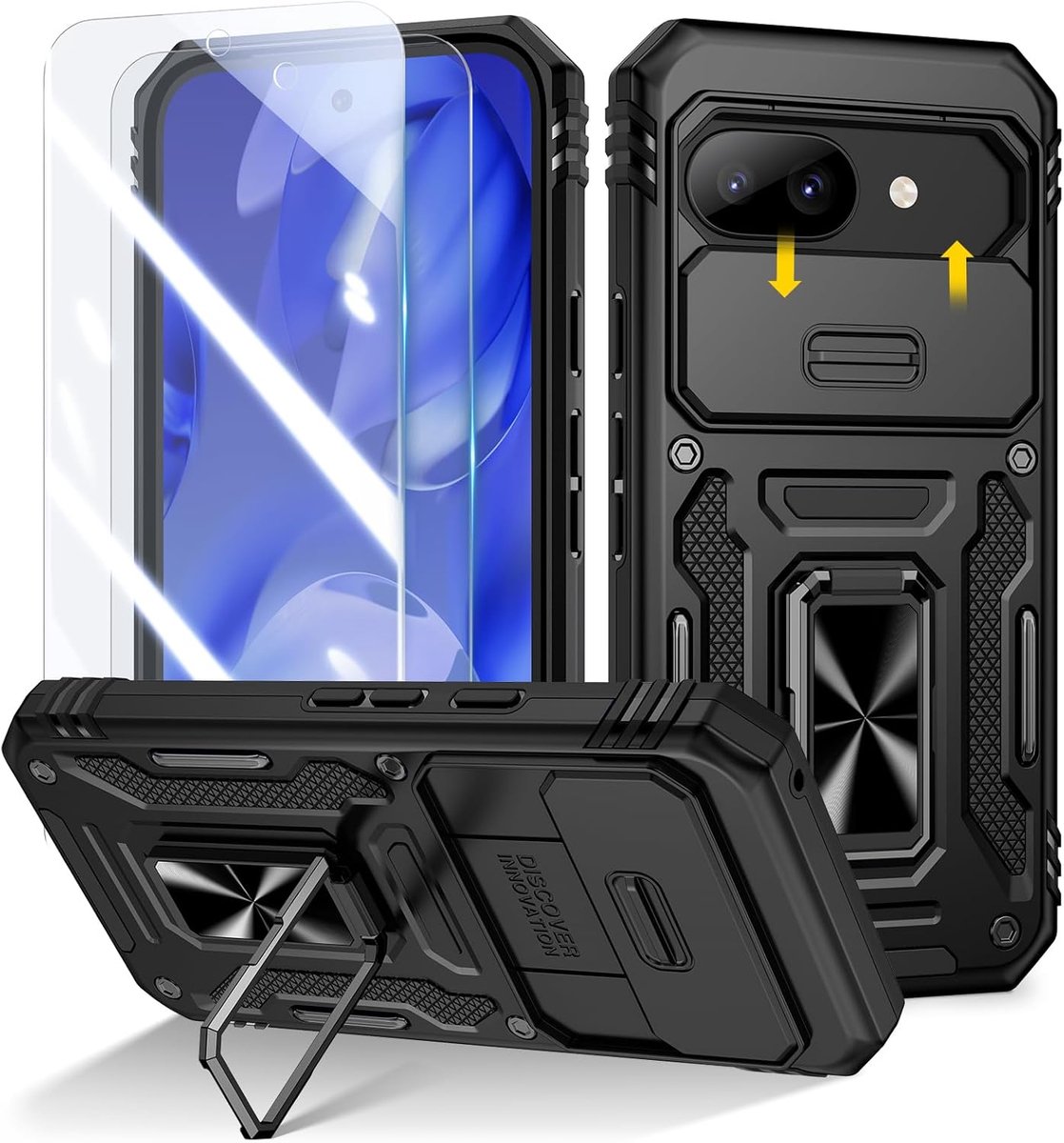 Zandarix Geschikt voor Google Pixel 9a - 360 Roterende Kickstand - Schuifcamera - Militaire Shockproof - Back Cover Hoesje - Zwart
