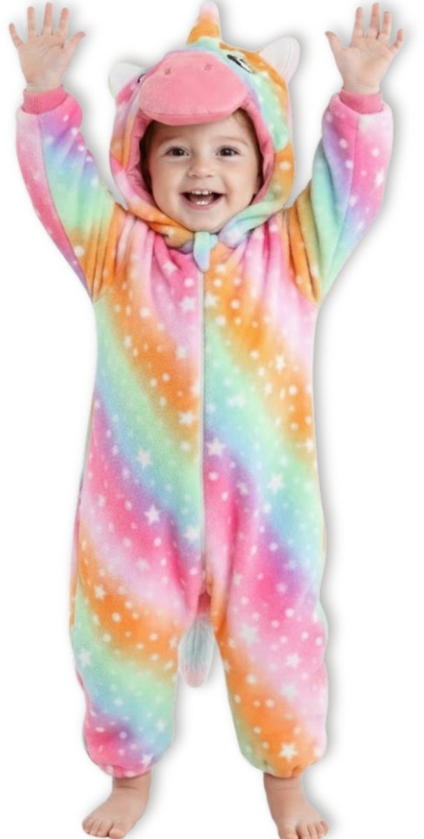 BoefieBoef Unicorn Regenboog Dieren Baby Onesie Peuter Pyjama Kinderen 2-4 jaar 6 maanden tot 2 jaar – Eenhoorn – Verkleedkleding met Luierrits – Voor Carnaval, Kerst- en Kraamcadeau – Flanel - Romper - Boxpak - Jongen - Meisje - Kruippak - Winterpak