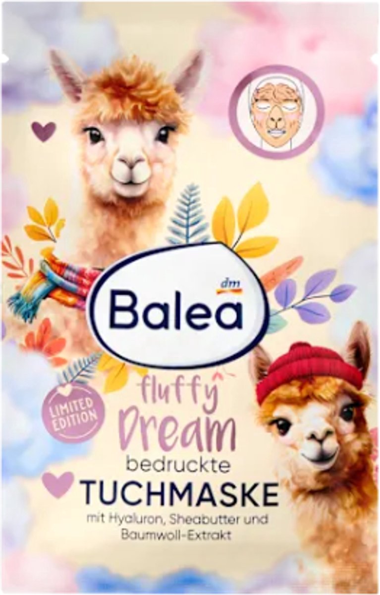 Balea Gezichtsmasker - Bedrukt Masker | 1 stuk - Fluffy Dream - Lama - Sheabutter, Katoen & Hyaluron | Limited Edition Gezichtsmasker - Vegan