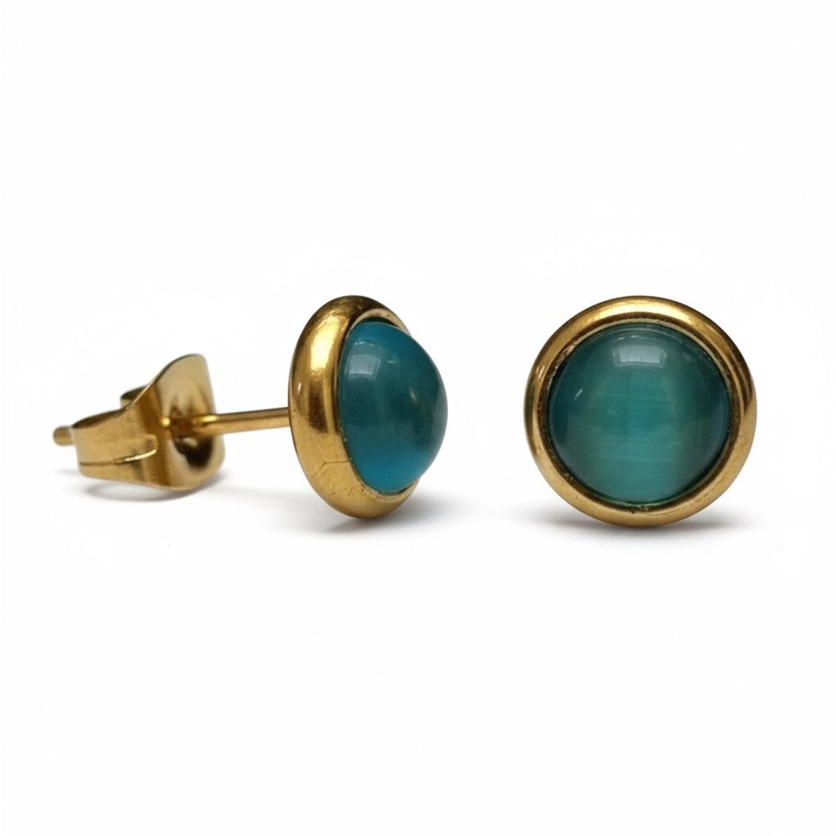 Aramat Jewels | Oorbellen | Kattenoog Oorbellen 8mm – Blauw/Groen Goudkleurig | | | |8mm | Staal | Kinderen, Volwassenen | Verkleurd niet