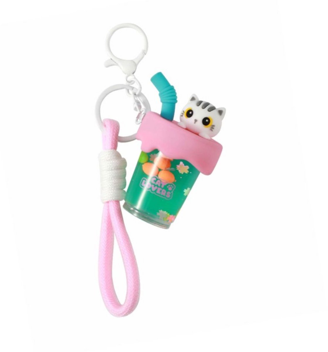 iTotal Sleutelhanger Bubble Tea Witte Kat Keychain WHITE CAT Plastic and Metal 4.0x4.0x7.0cm