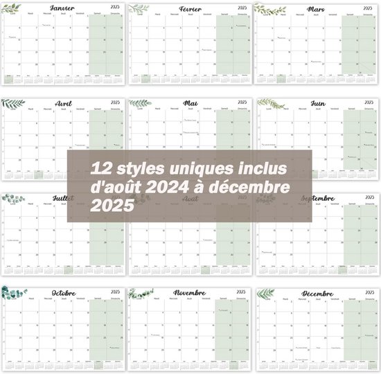 Magnetische kalender met 12 maandenplanners van augustus 2024 tot december 2025, met bladeren.