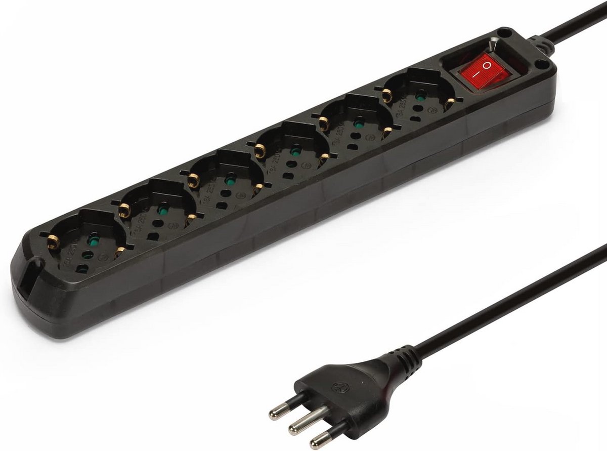 Meervoudig stopcontact met 6 aansluitingen, schakelaar en 1 meter kabel