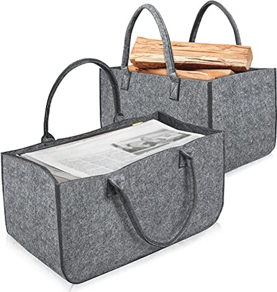 Aufun vilten tassen 2x tassen van vilt, brandhoutmand, vilten tas shopper, opvouwbaar, brandhouttas, houtmand voor het opbergen van hout, kranten, brandhout (55 x 30 x 40 cm, donkergrijs