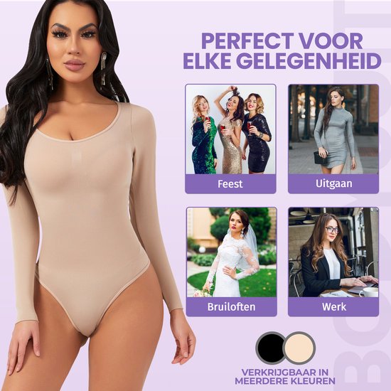 Beige body met lange mouwen, gedragen door een model. Toont de body voor diverse gelegenheden.