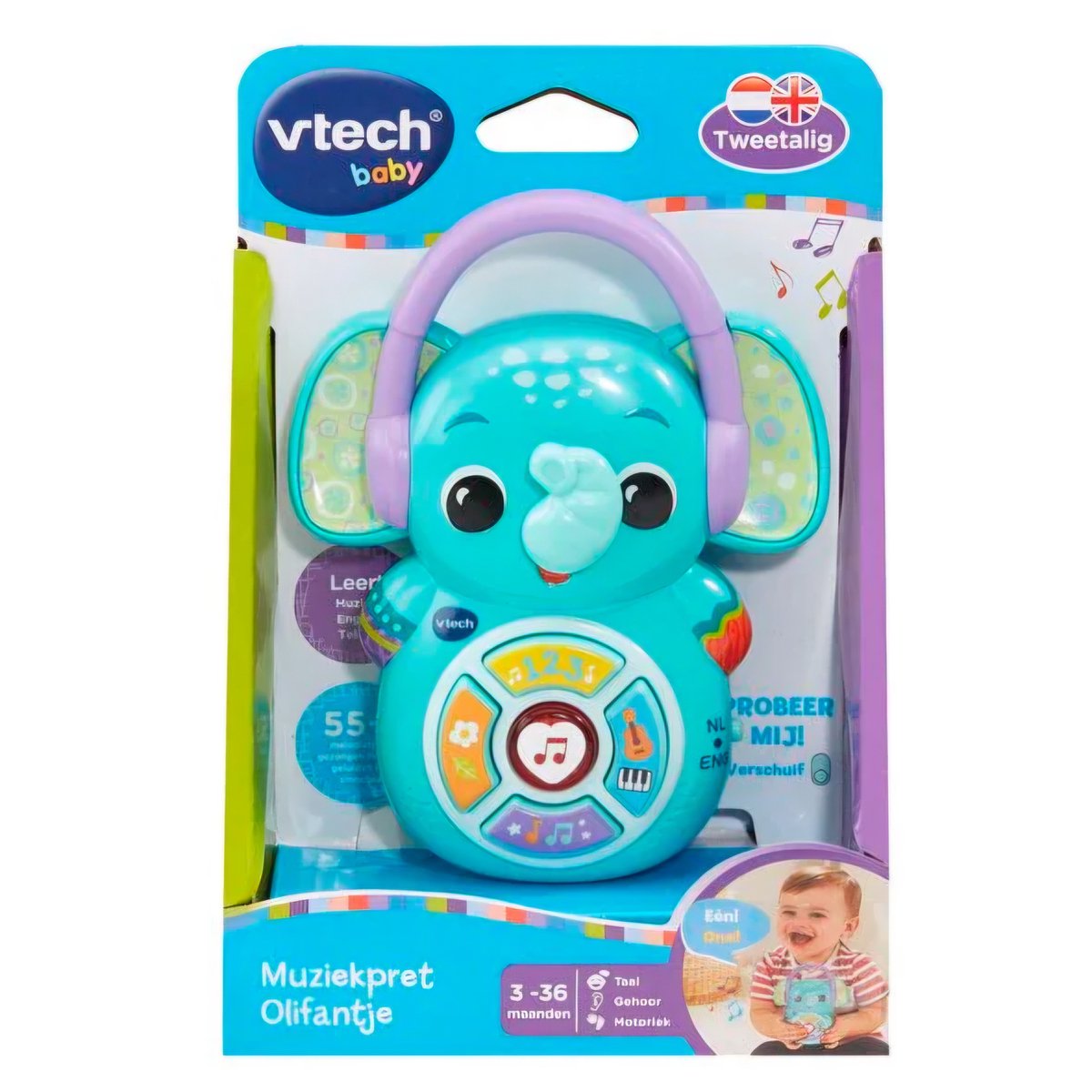 Baby Muziekpret Olifantje - Tweetalig NL en Eng (3-36 Mnd) - Taal Gehoor Motoriek van VTech in Blauw – productfoto