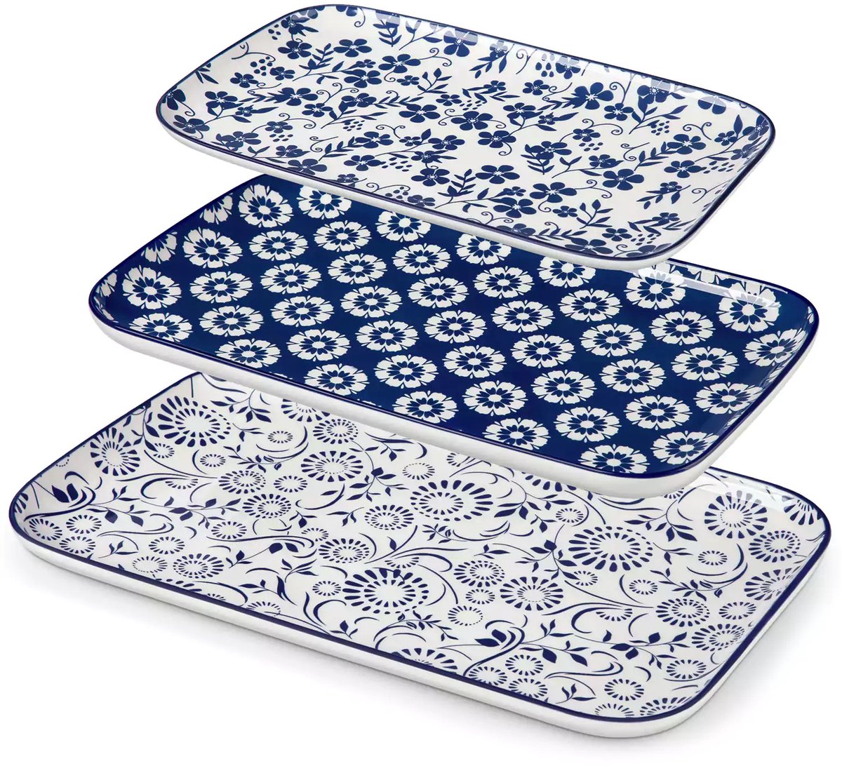 Serveerschalen - Serveerborden - Porselein - Set van 3 - Wit - Blauw