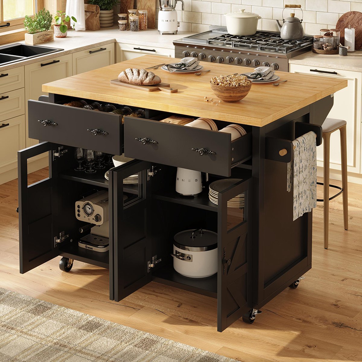 KOMHTOM Hoogwaardig Keukeneiland - Multifunctionele Serveerwagen - Met Grote Opbergruimte - Verrijdbaar Buffet - Keukentrolley - Inclusief Remmen en Verstelbare Vakken - Voor Eetkamer, Woonkamer, Keuken - Zwart