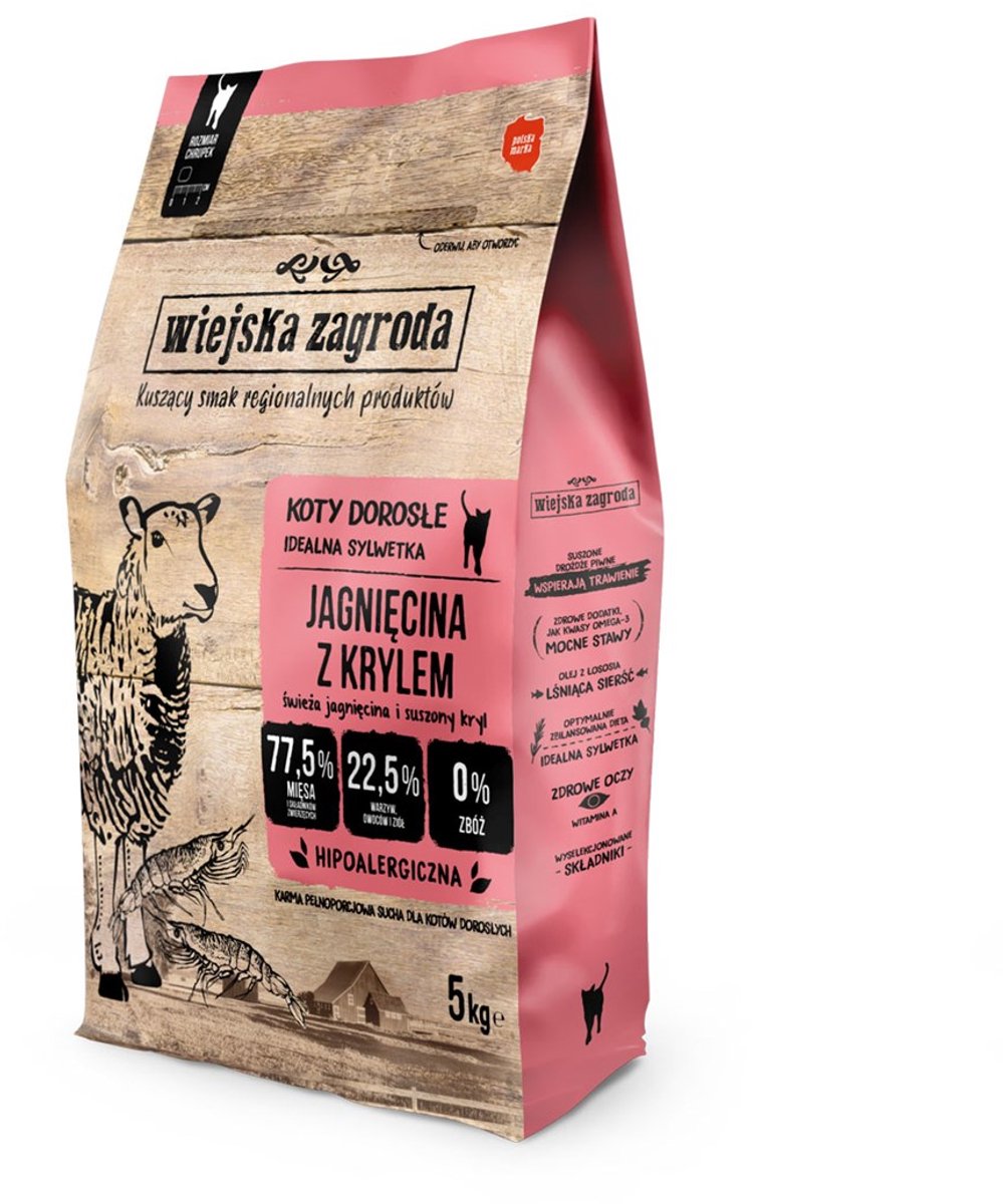 WIEJSKA ZAGRODA Wiejska Zagroda Lam & Krill - Droogvoer voor Katten - Graanvrij - Rijk aan Eiwitten - Met Zalmolie - Voor Gesteriliseerde Katten
