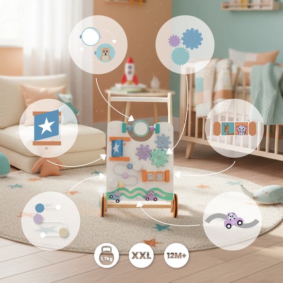 sun baby Babyspel en loopwagen - Wit, loopwagen speelbord met interactief speelgoedwielen, rubber, voor kinderen 12-36 maanden — afbeelding 4