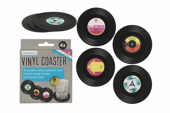 Dessous de verre en vinyle – Dessous de verre rétro – Résistant à la chaleur – Set de 4 – Dessous de verre – Cadeau Vintage Musique