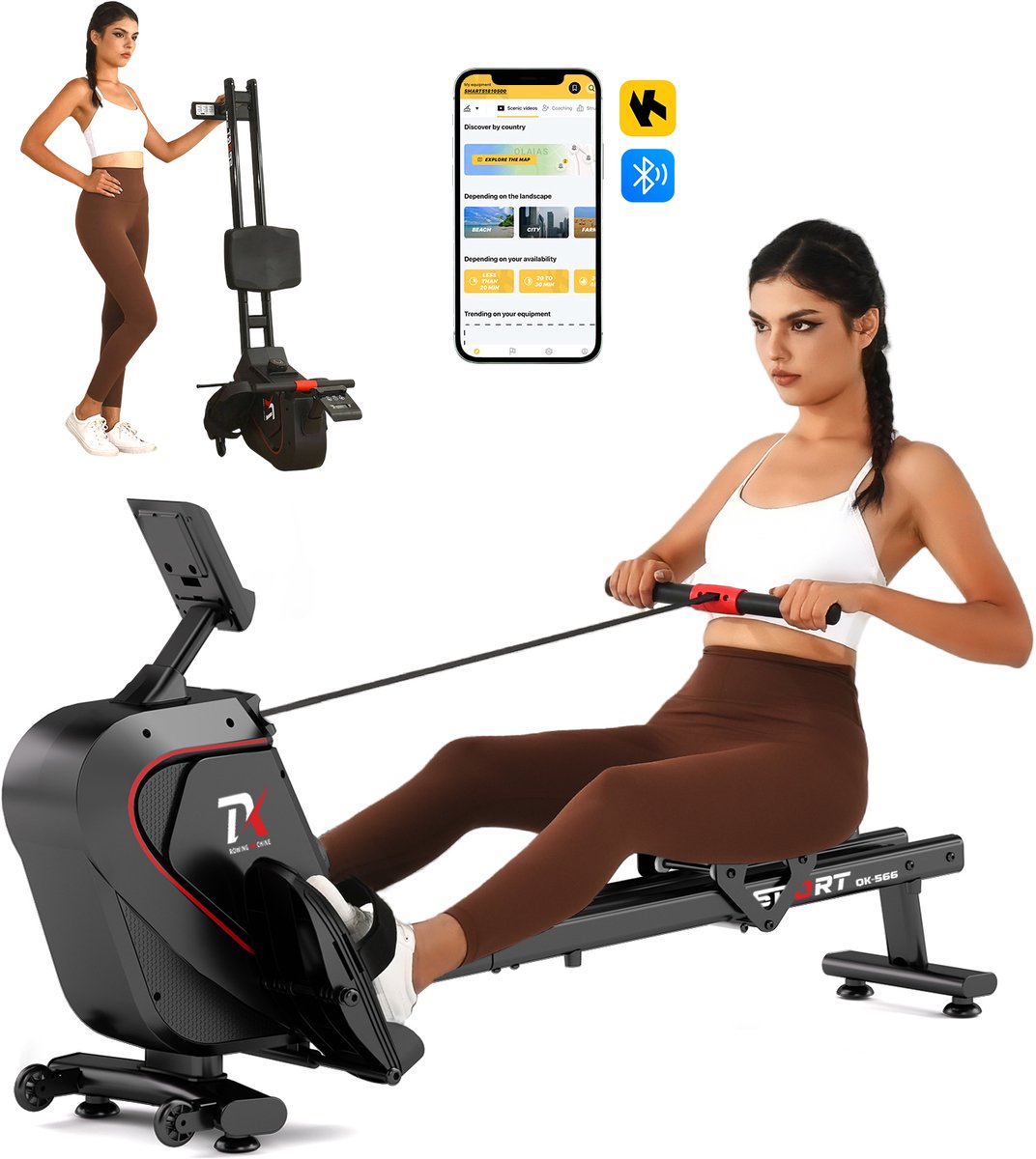 YEE GOO Magnetische Roeitrainer - Roeimachine 16 Weerstandniveaus - Max. Laadvermogen 150 kg - Roeitrainer met Magnetische Weerstand - LED-display en Compatibele app - Roeiapparaat Voor Thuis - Zwart - YEE - €149,99