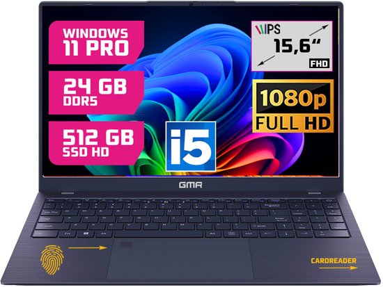 GMR Professional Laptop / 15.6 Inch Full HD Display / Intel Core i5 / 24GB DDR5 RAM / 512GB SSD / Windows 11 Pro / Perfect voor Zakelijk en Studiegebruik