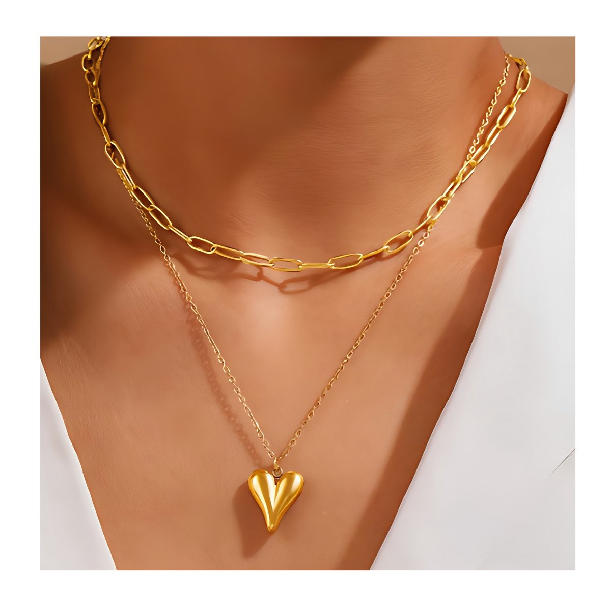 Dubbele ketting - Goudkleurig - Hart hanger - Roestvrij Staal - Elegant & Trendy - Verstelbaar - Dames - Roestvrij staal