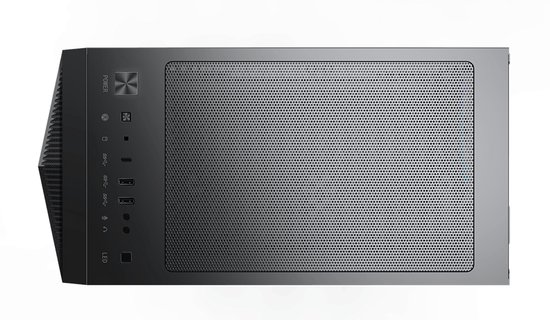 Bovenkant van een zwarte gaming pc met een geperforeerd metalen rooster en een bedieningspaneel met knoppen en USB-poorten.