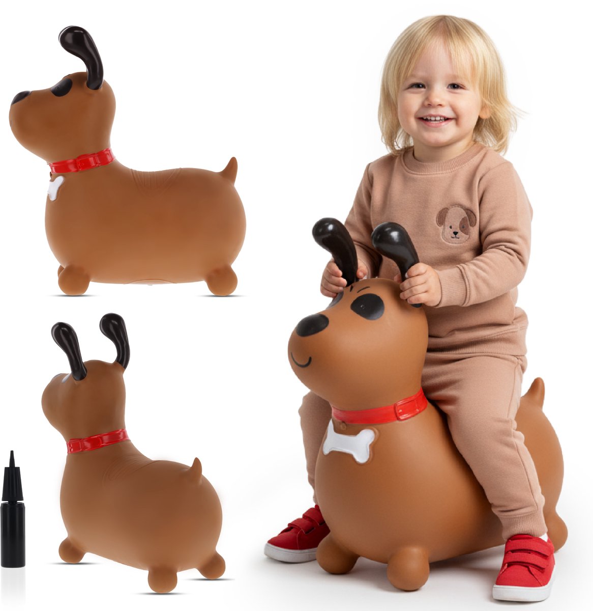 sun baby - Springdier met pomp vanaaf 1 jaar - Hond - bruin - max 50kg, duurzaam rubber, gecertificeerd, bpa-vrij, springpaard, springhond