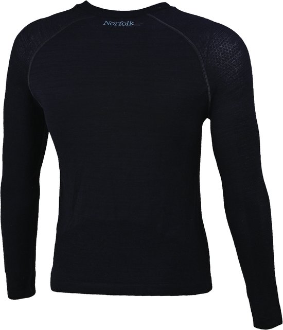 Achterkant zwart, naadloos thermoshirt met lange mouwen en schouderdetail in honingraatpatroon. Norfolk logo op nek.