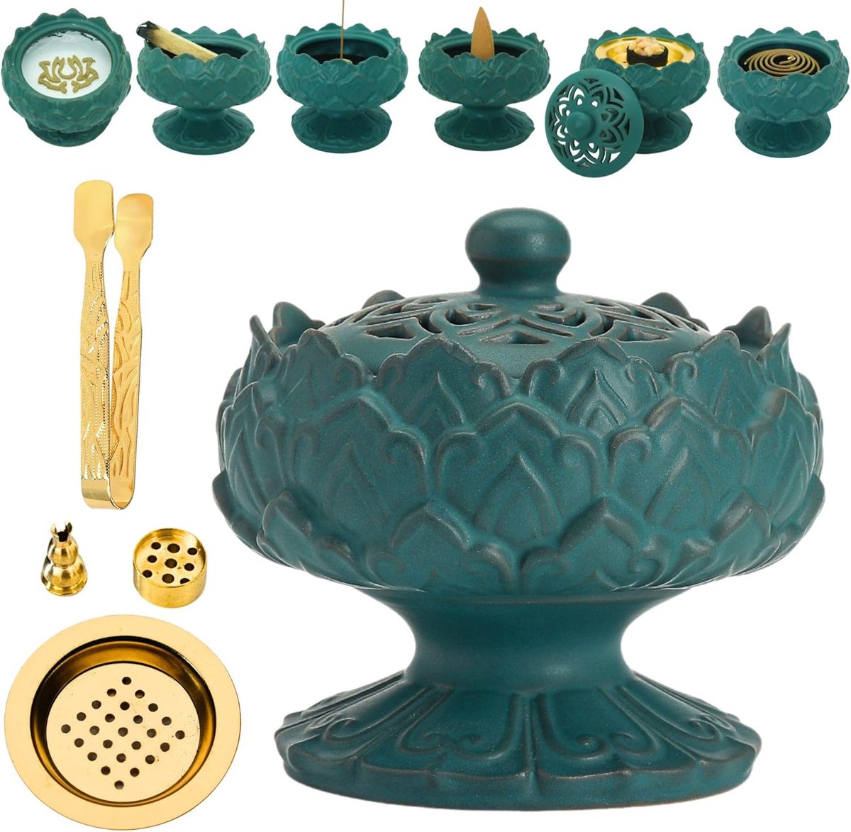 Famanu Multifunctionele keramische wierookbrander, geschikt voor stok, kegel, poeder of spoel, met accessoires voor meditatie Groen