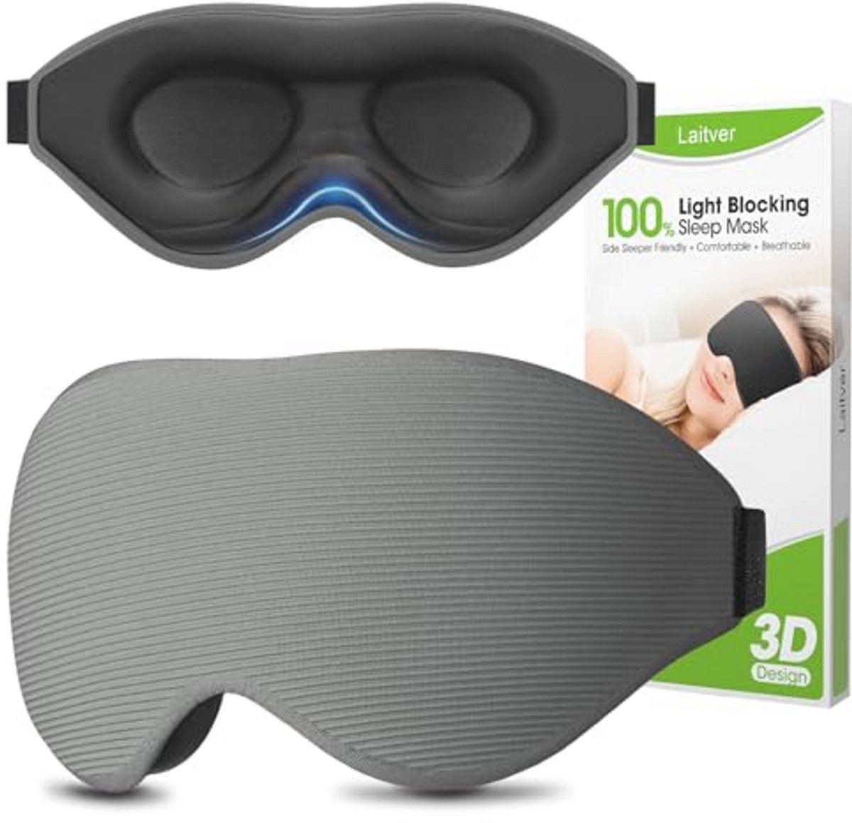 100% Verduisterend Slaapmasker - Perfect Oogslaapmasker voor Zijslapers, Comfortabele Blinddoek voor Reizen en Dutjes - Lichtgrijs
