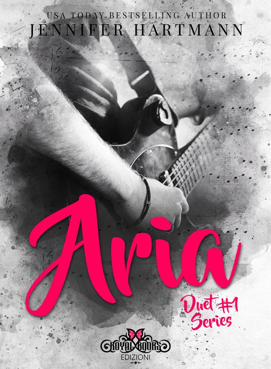 Boekomslag met "Aria Duet #1 Series" in felroze letters. Een persoon speelt gitaar op een achtergrond van muzieknoten.