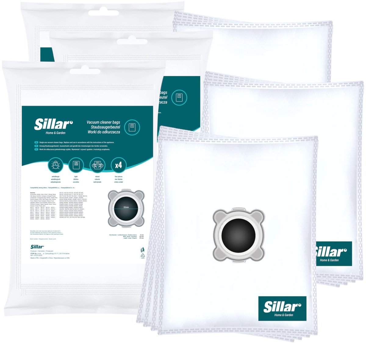 Sillar 12x stofzuigerzakken, synthetisch, anti-allergeen, 3 filterlagen - vervanging voor WB3051 WB305140 WB406120 - geschikt voor stofzuigers Rowenta Silence Force Extreme Intenso, Tefal X-Trem Power