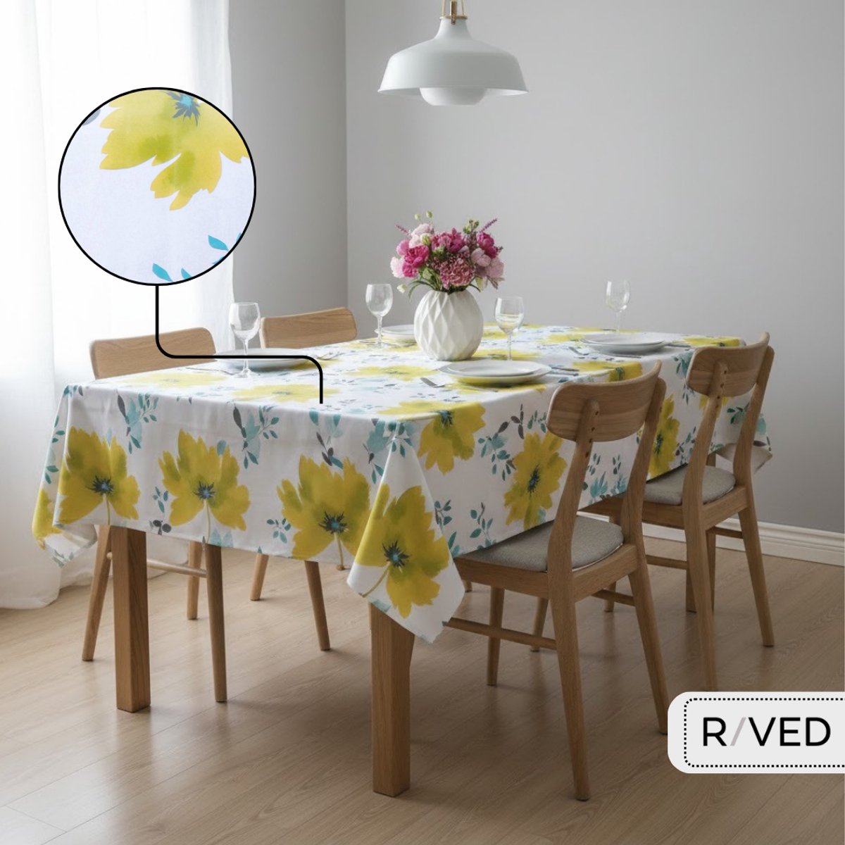 Raved Tafelzeil – 140 cm x 50 cm – Groene Bloemen Wit – PVC – Afwasbaar