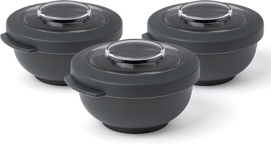 Trois bols Amuse Tylla charcoal avec couvercles transparents.
