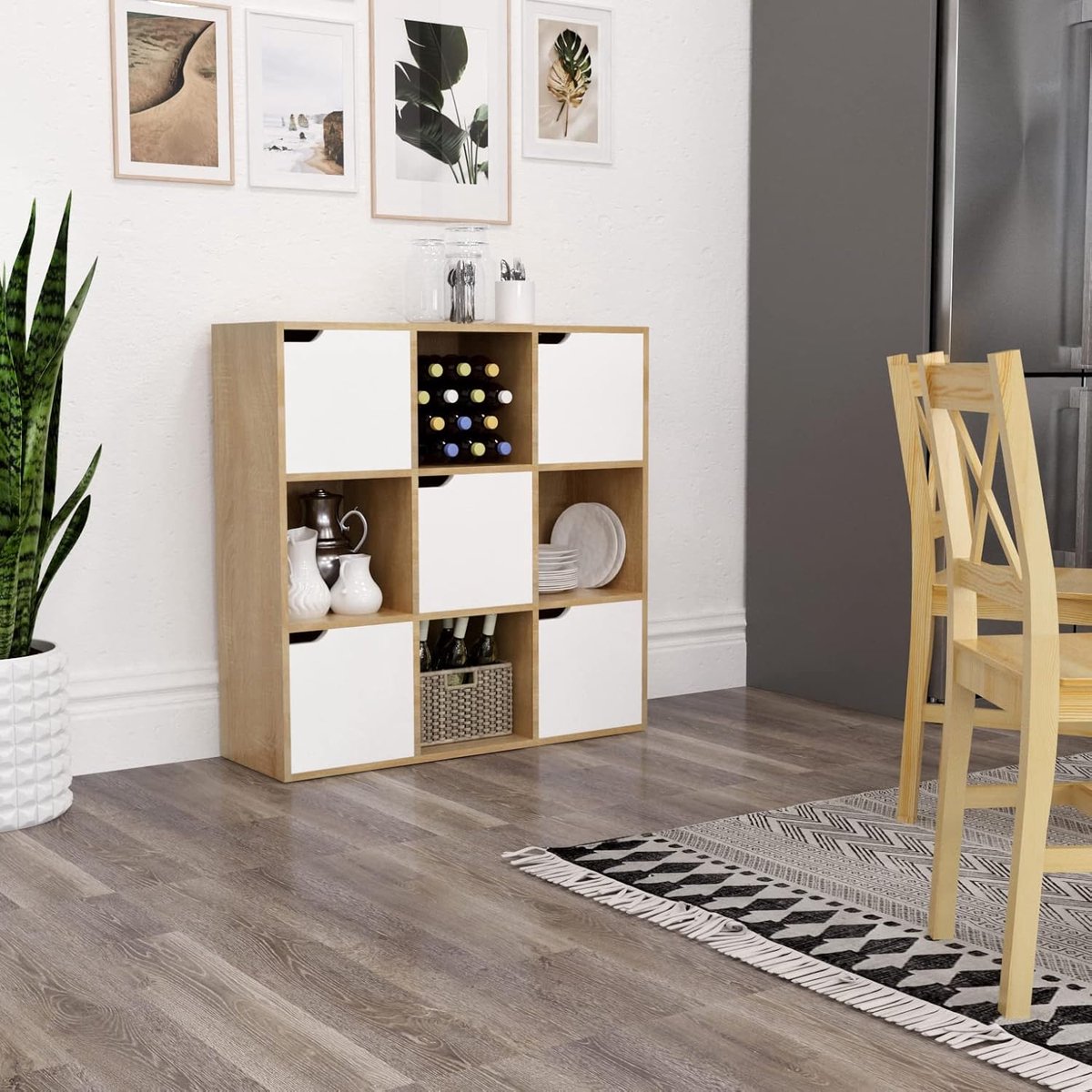 Image of 9-Vakken Boekenkast met 5 Deuren – 3-Laags Houten Opbergkast en Display Cabinet, Moderne Cube Bookshelf voor Woonkamer, Slaapkamer of Thuiswerkplek, 90 x 30 x 90 cm, Eikenwit