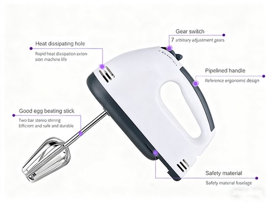 Hand Mixer - 7 snelheden - met Turbo - RVS accessoires - 150W vermogen - RVS kloppers en deeghaken - Wit van Frigro — afbeelding 3