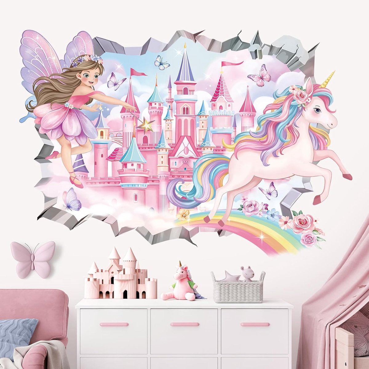 3D Muursticker, Fee, Kasteel, Roze, Decoratief Vinyl, Eenhoorn en Regenboog, Vlinder, Meisjes, Muursticker, Kinderkamer, Baby's, Kleuterschool