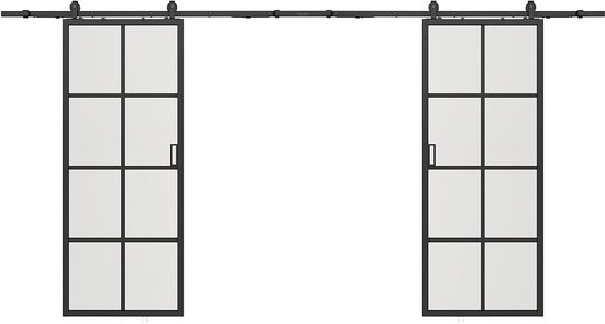 Deux portes coulissantes en acier noir, chacune avec huit panneaux de verre et une poignée.