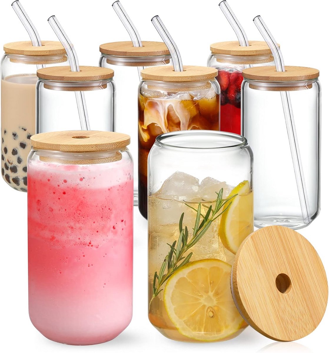Set van 8 Glazen met Bamboe Deksel en Rietjes voor Koffie, Bier en Cocktails