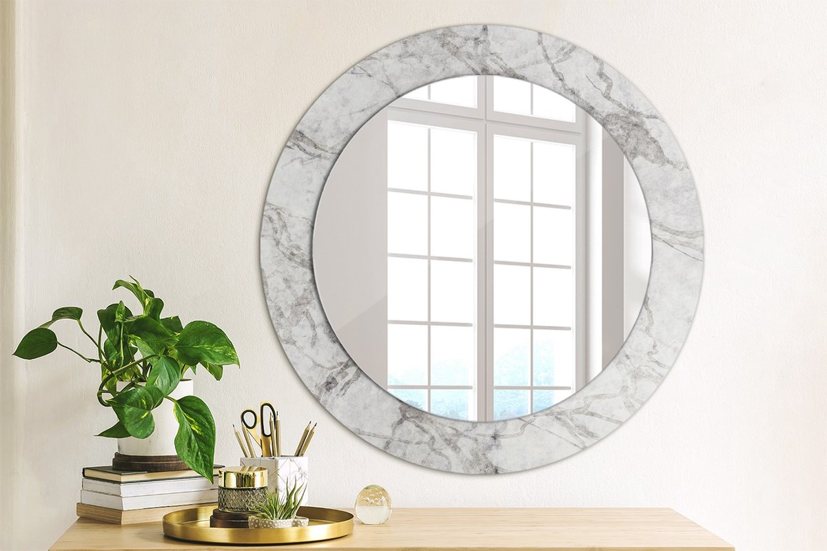 Coloray Bedrukte Spiegel - Wit marmer Spiegel Lijst Met Print - 60 cm - Grijs Bedrukte Spiegel - Spiegel Lijst Met Print - Spiegel Met Print - Wandspiegel Met Print
