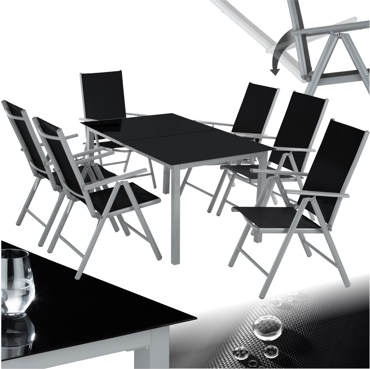 tectake® Tuinset - Tuintafel met Tuinstoelen - 6 Stoelen en 1 Tuintafel met Glazen Blad - Weerbestendige Tuinmeubelset voor het balkon of tuin - 6 Personen - Lichtgrijs