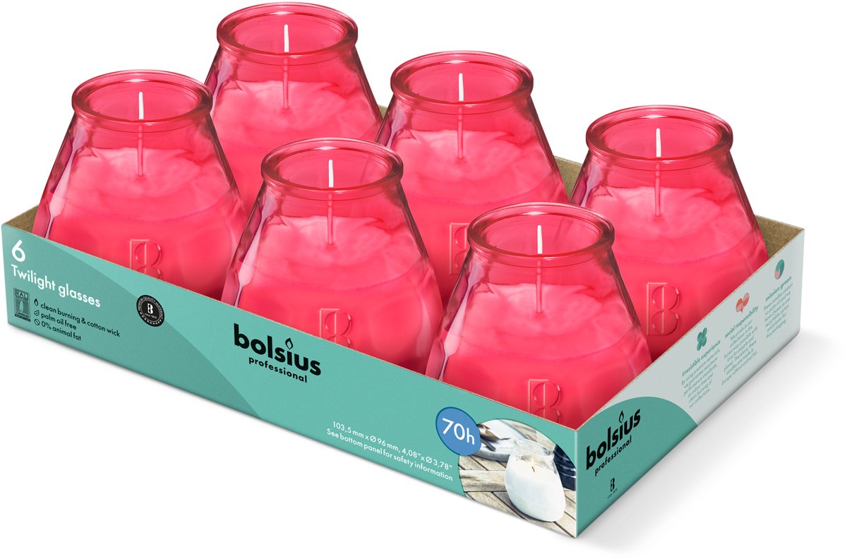Bolsius Twilight - Kaars in glas - Patio - Fuchsia Roze - Tray 6 - 70 branduren