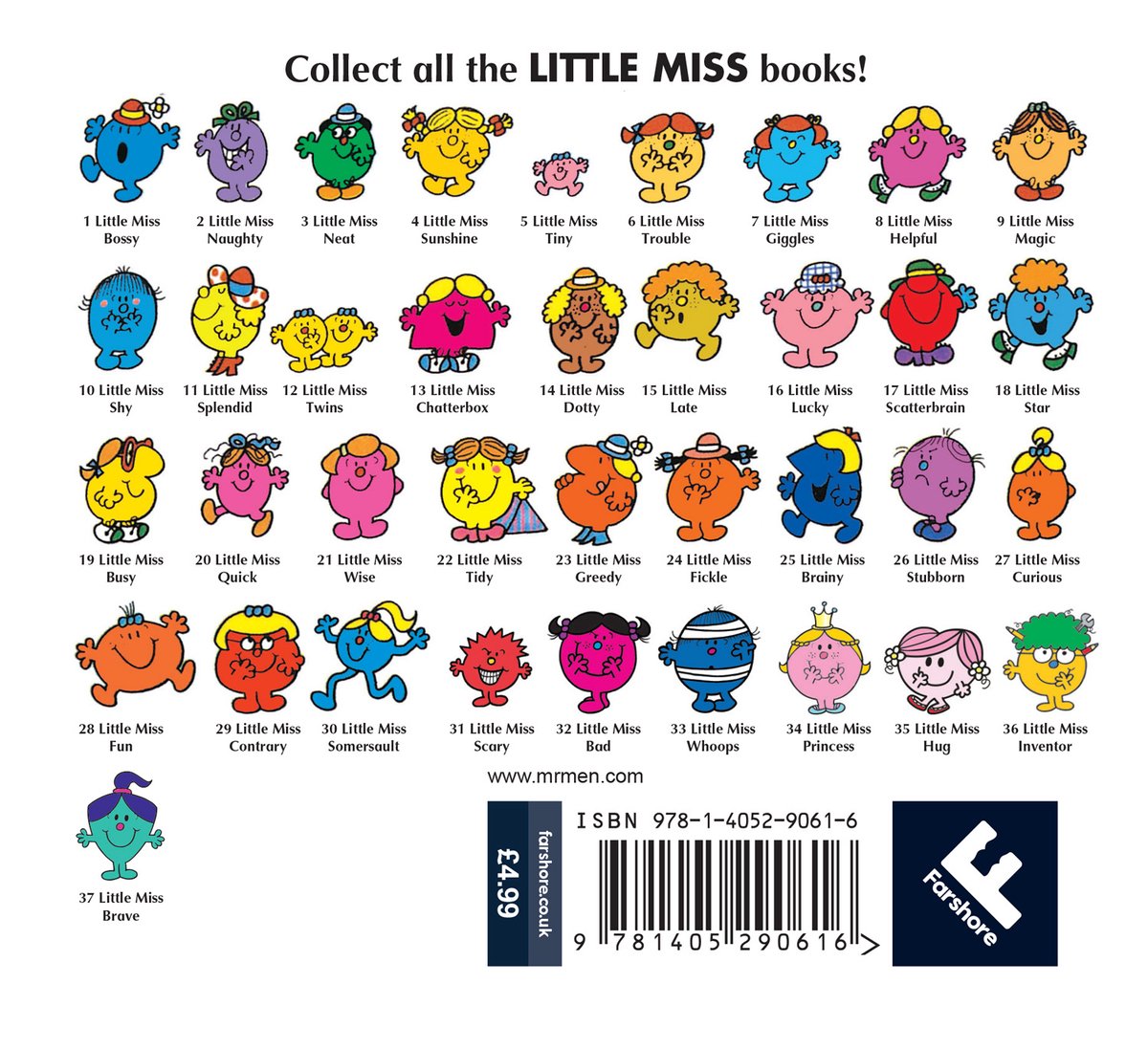 Een verzameling van 37 Little Miss boeken, elk met een illustratie van een personage en de titel. Een paar boeken zijn te koop voor £4.99.